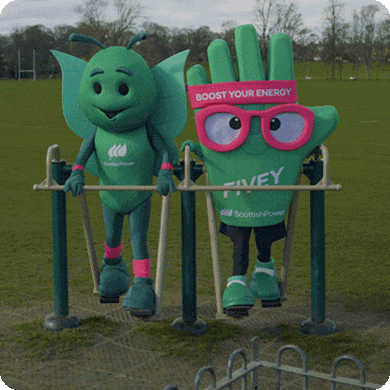The mascots Brucey and Fivey working their legs out on gym equipment in a public park.